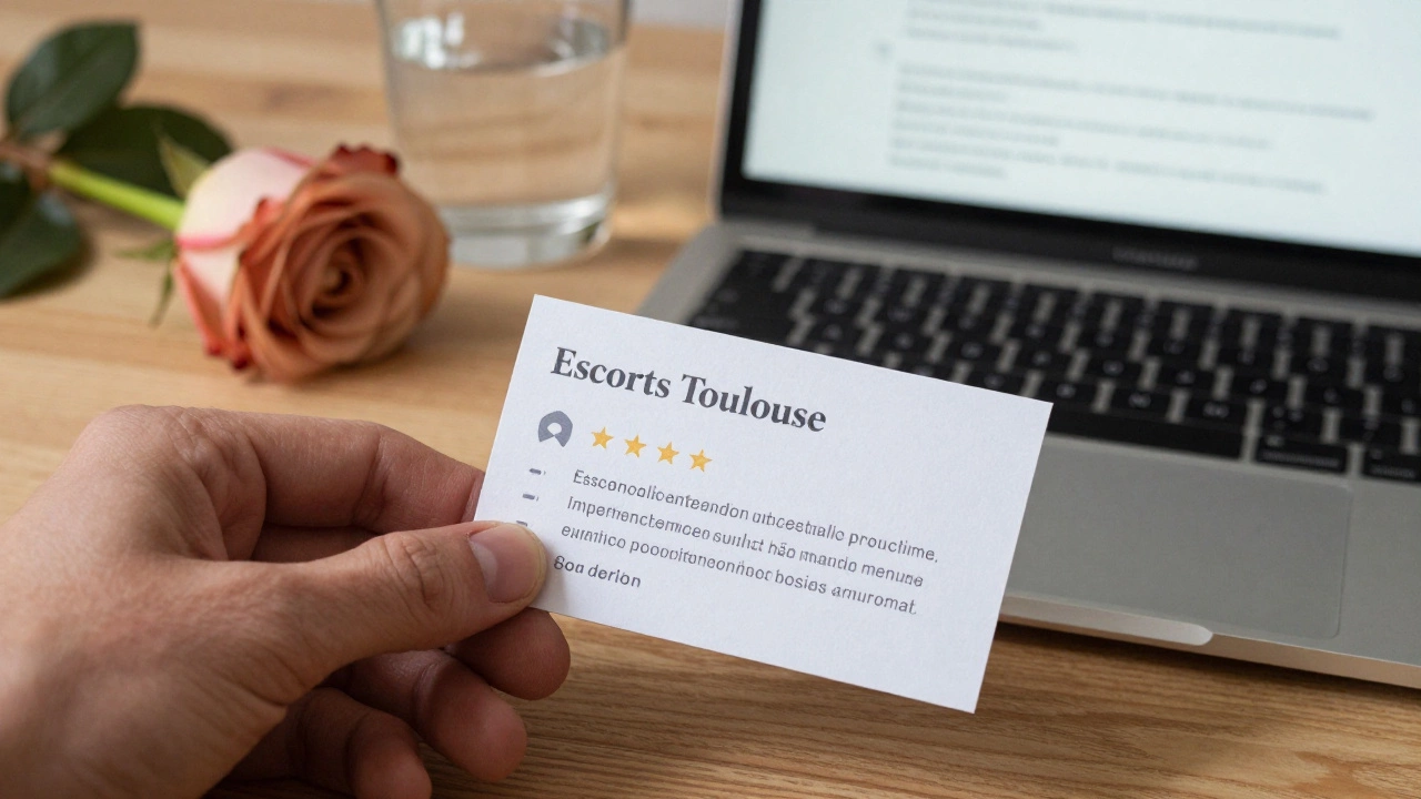 A business card for Escorts Toulouse on a wooden desk beside a laptop showing a detailed client review.