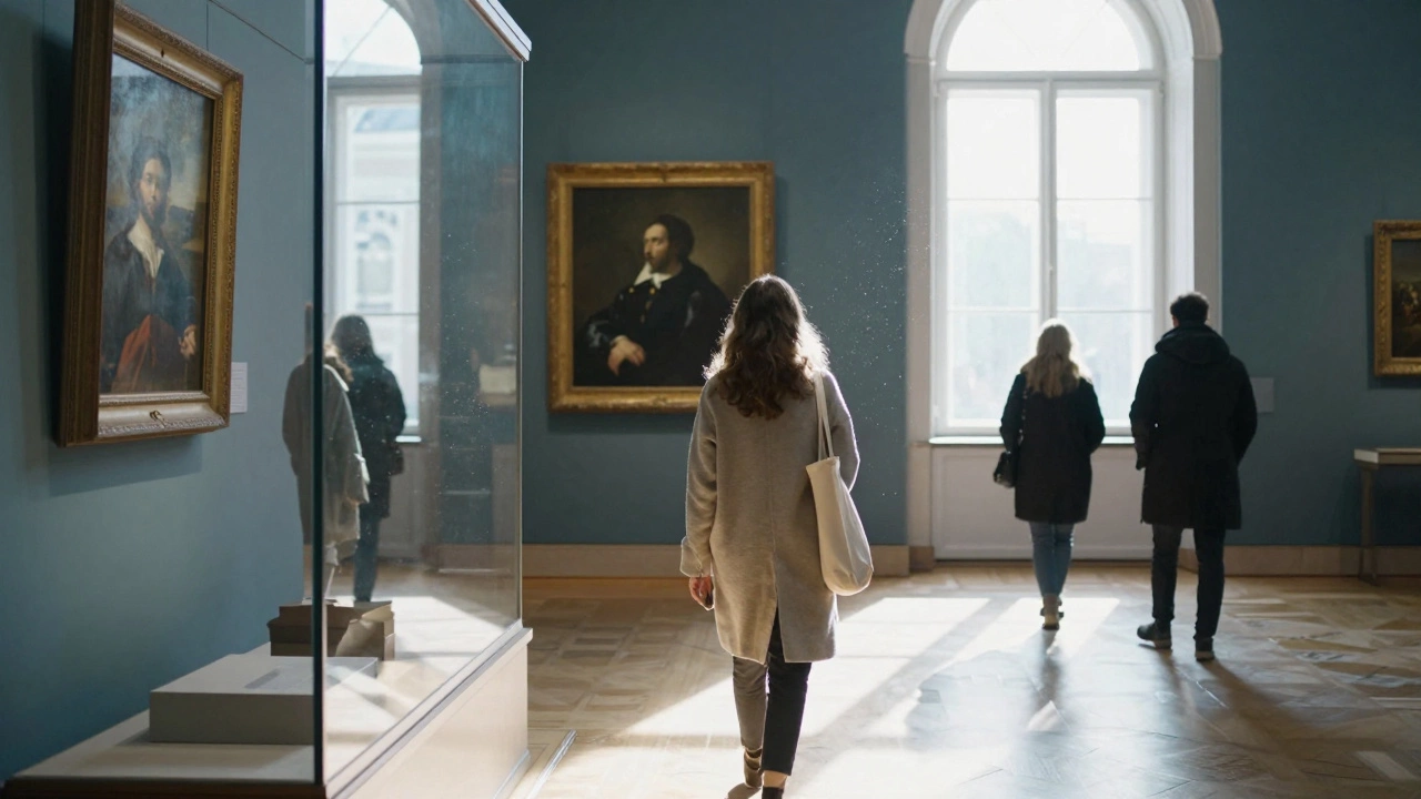 A woman quietly viewing art at the Hermitage Museum, winter light streaming through the windows.