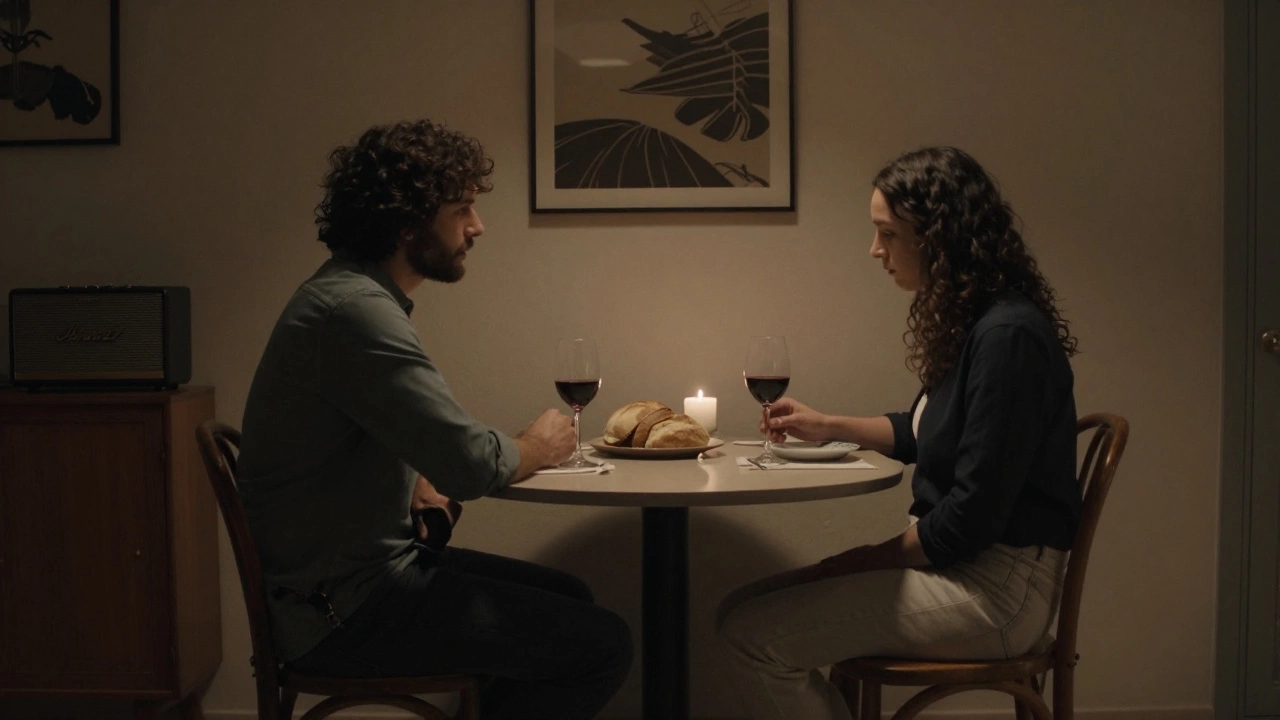 An elegant, softly lit dinner setting in a historic Toulouse apartment with wine and bread, conveying companionship.