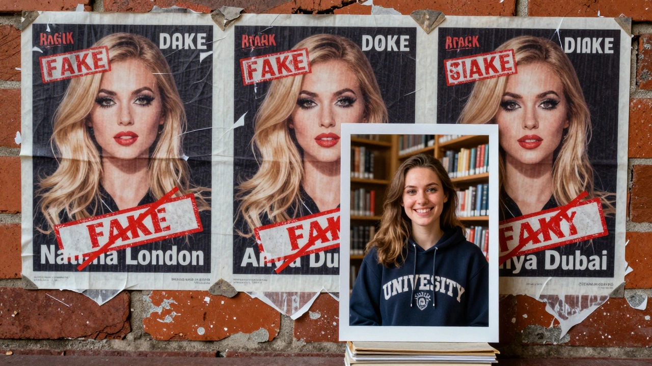 Peeling ads with fake Russian escort photos on a city wall, beside one authentic photo of a student.